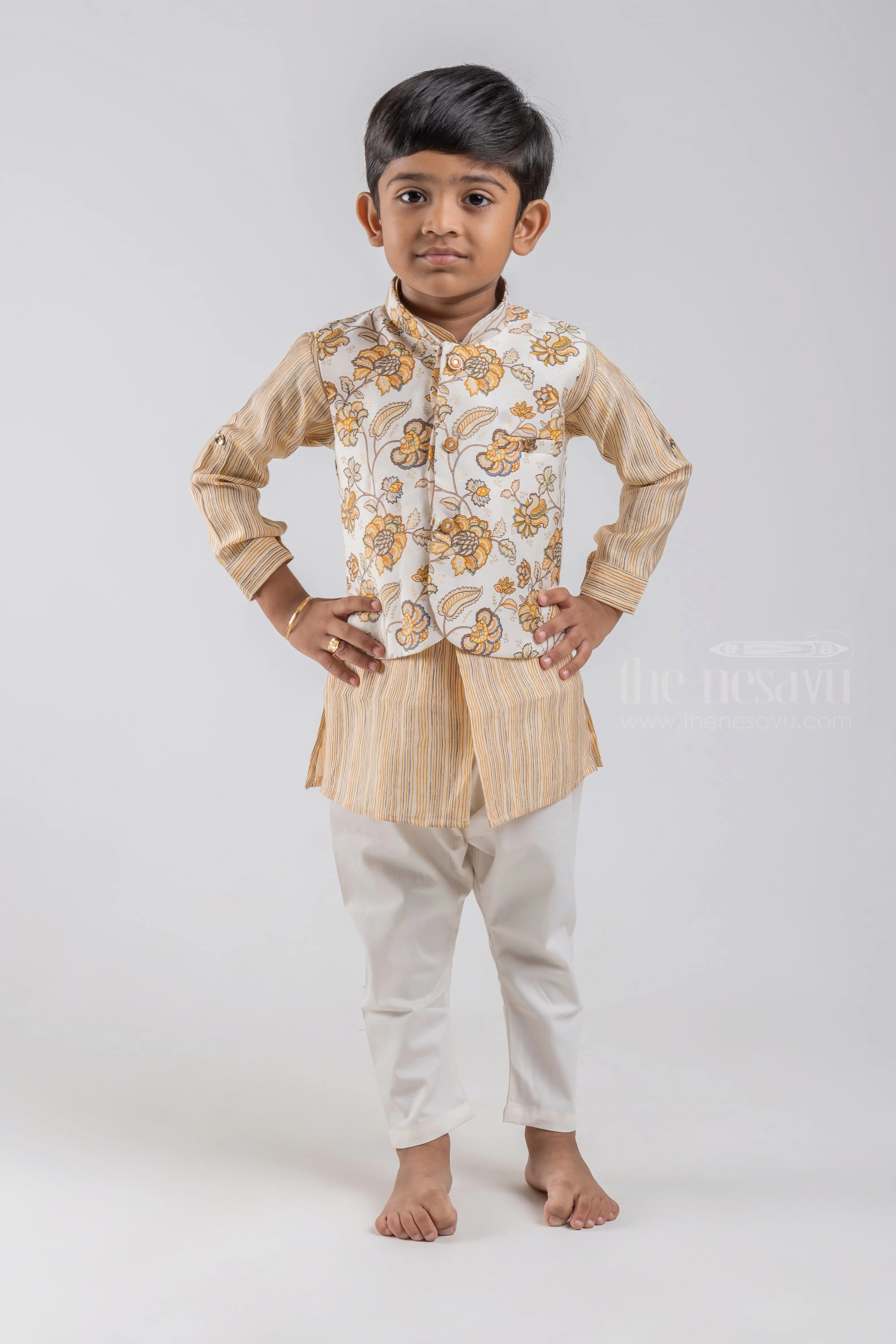All Over Stripes Printed Cream Kurta with White Pant and Floral Printed Overcoat For Boys