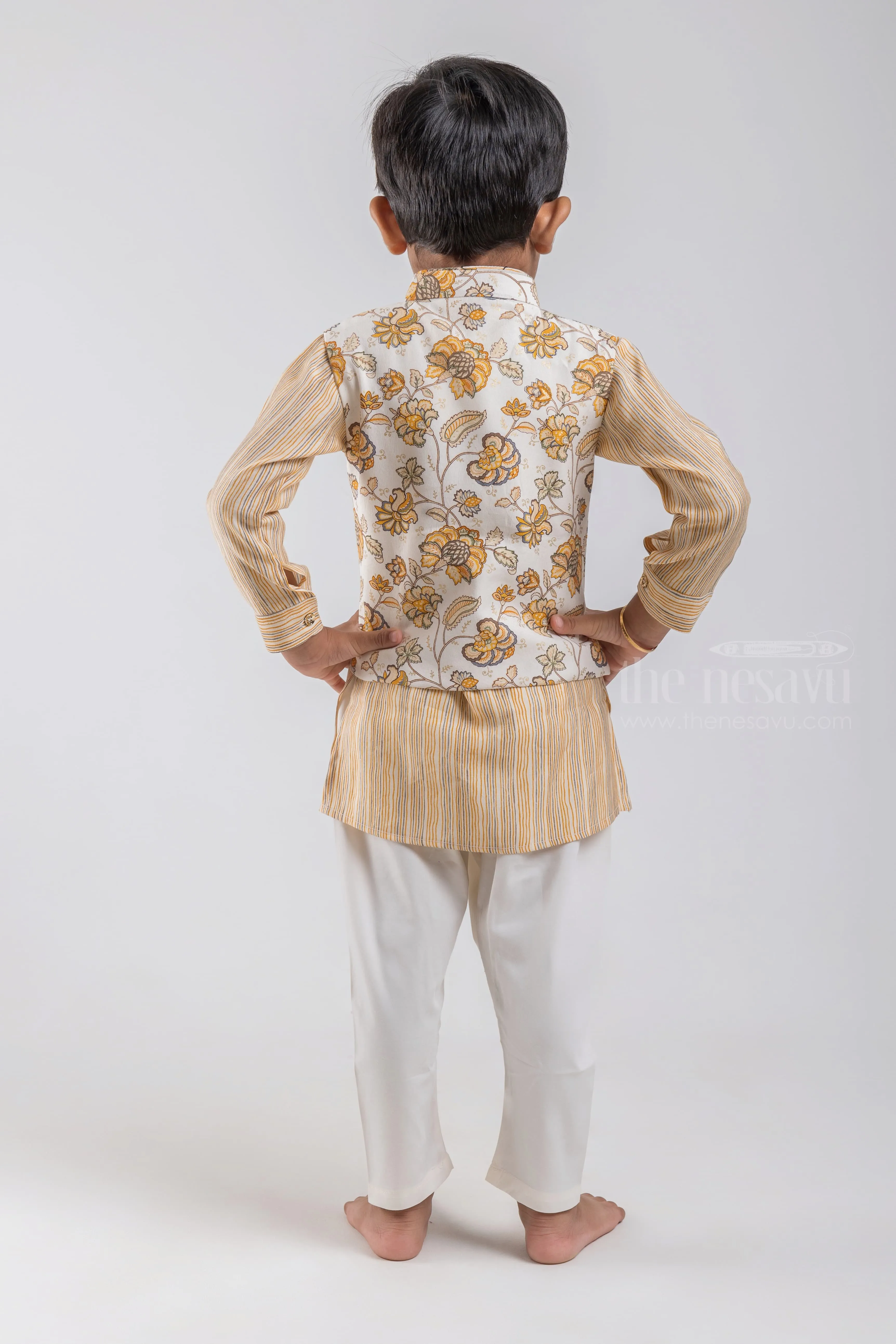 All Over Stripes Printed Cream Kurta with White Pant and Floral Printed Overcoat For Boys