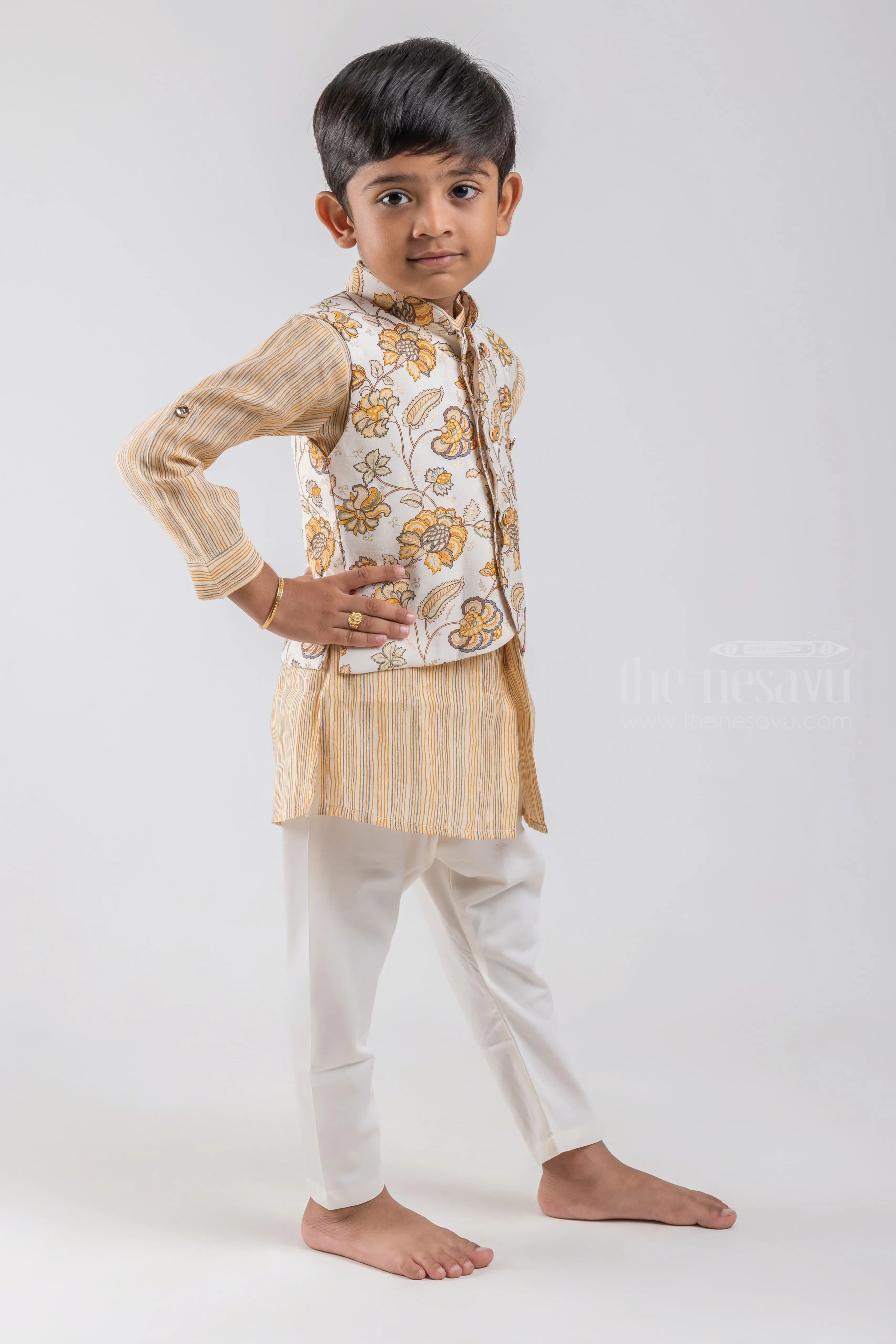 All Over Stripes Printed Cream Kurta with White Pant and Floral Printed Overcoat For Boys