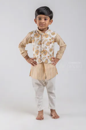 All Over Stripes Printed Cream Kurta with White Pant and Floral Printed Overcoat For Boys