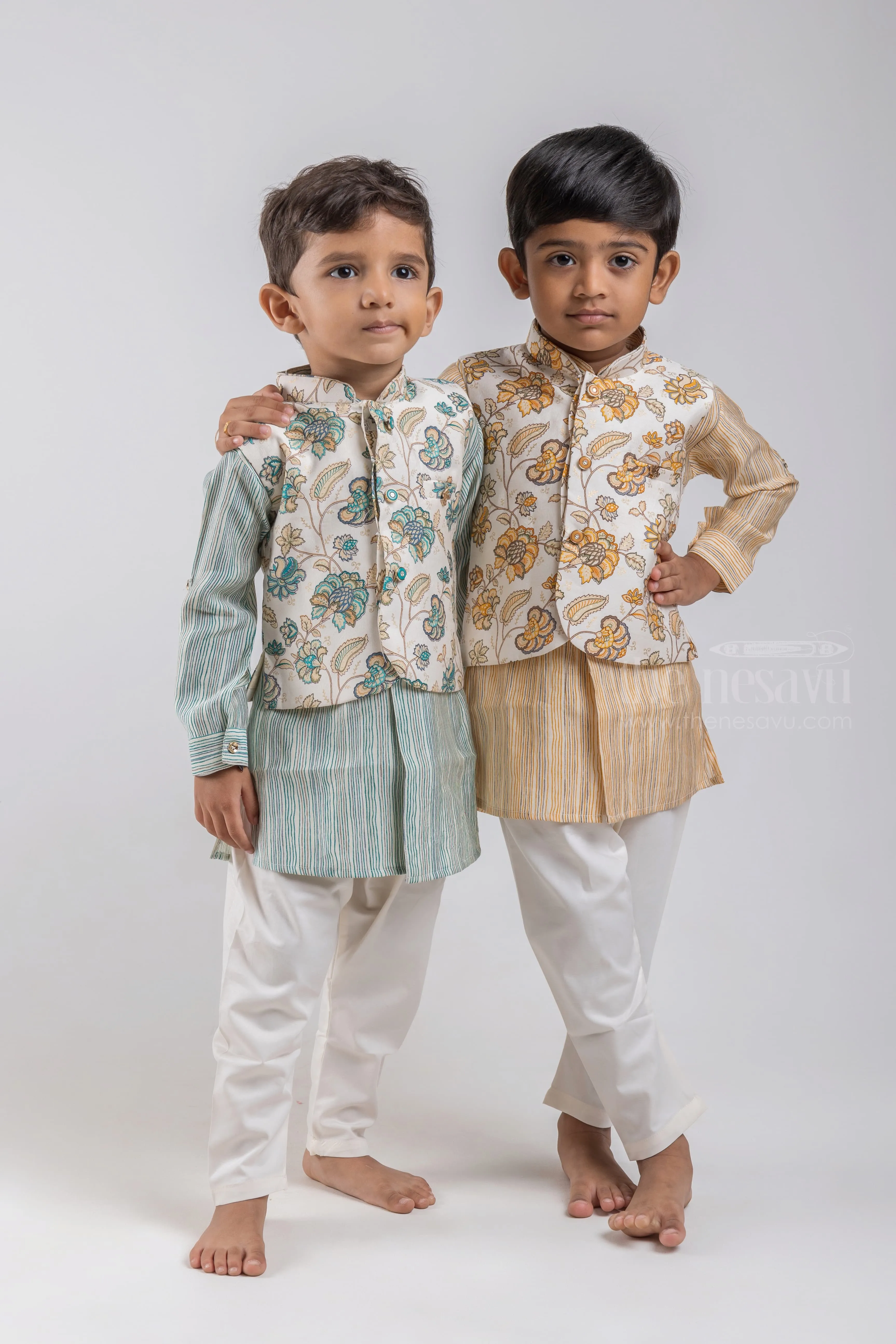 All Over Stripes Printed Cream Kurta with White Pant and Floral Printed Overcoat For Boys