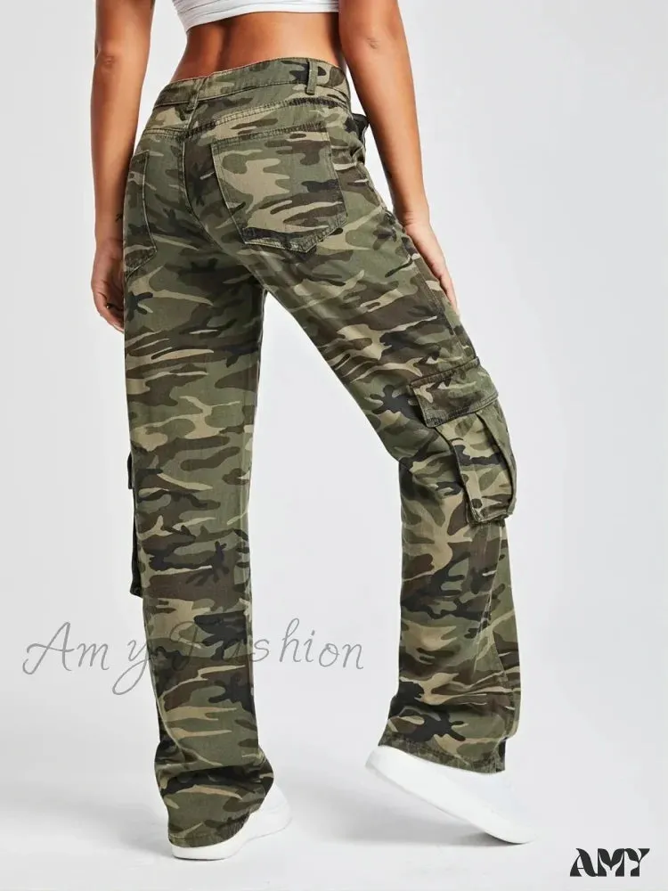 Amy Fashion - 2024 Camouflage Women's Cargo High Wist Vintage Baggy Denim Straight Casual Fashion Jean