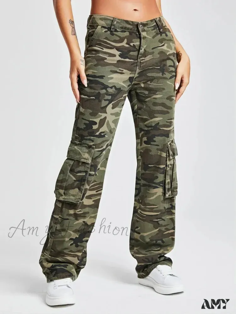 Amy Fashion - 2024 Camouflage Women's Cargo High Wist Vintage Baggy Denim Straight Casual Fashion Jean