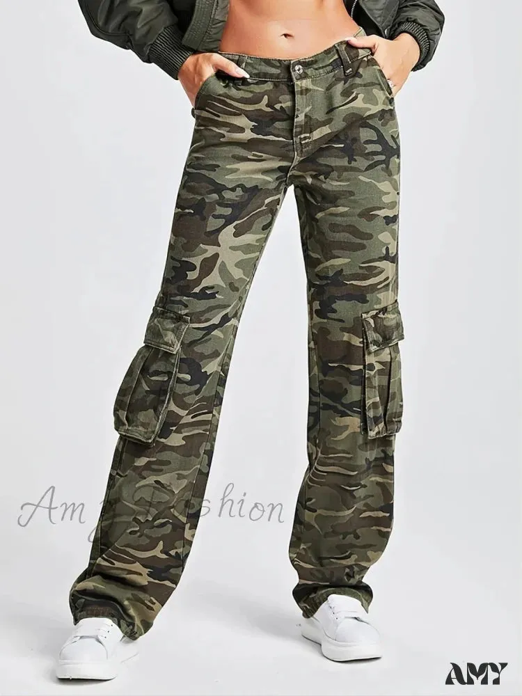 Amy Fashion - 2024 Camouflage Women's Cargo High Wist Vintage Baggy Denim Straight Casual Fashion Jean