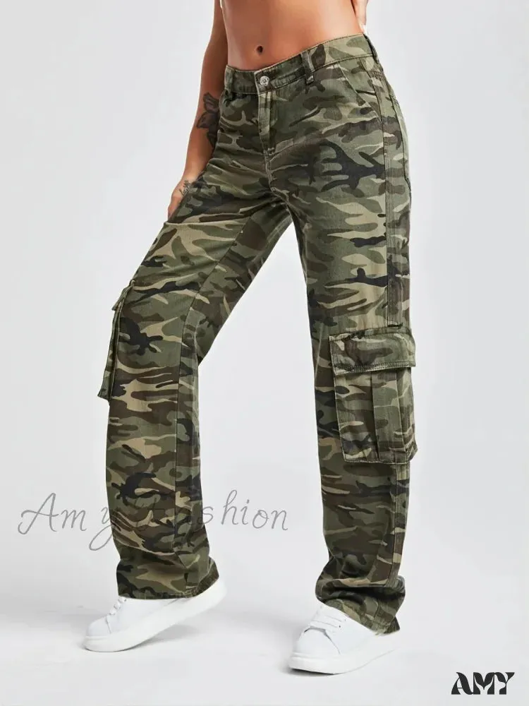 Amy Fashion - 2024 Camouflage Women's Cargo High Wist Vintage Baggy Denim Straight Casual Fashion Jean