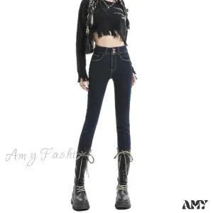 Amy Fashion - 2024 Winter Warm Stretch Women Plush Thermal Fleece Skinny Retro Trousers Female Thicken High Waist Denim Pants Jean