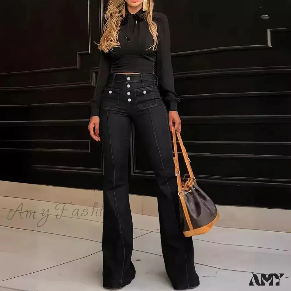 Amy Fashion - Spring Summer New Retro High Waist Stitching Washed Stretch Slim Bell-Bottom Denim Jean