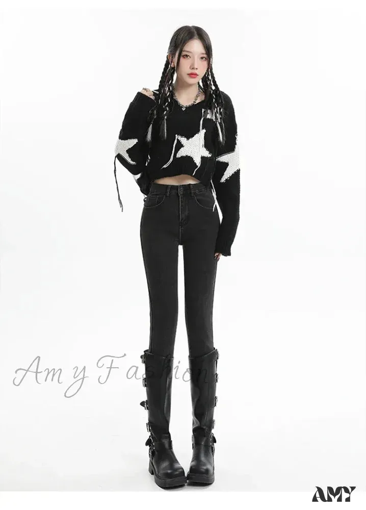 Amy Fashion - Winter Women Thick Velvet High Waist Skinny Casual Lady Denim Pencil Pants Plus Size Fleece Warm Slim Fit Stretch Trousers Jean