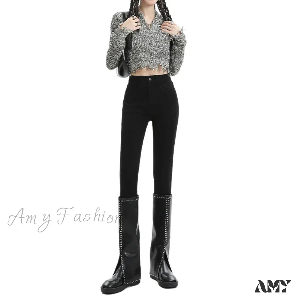 Amy Fashion - Winter Women Thick Velvet High Waist Skinny Casual Lady Denim Pencil Pants Plus Size Fleece Warm Slim Fit Stretch Trousers Jean