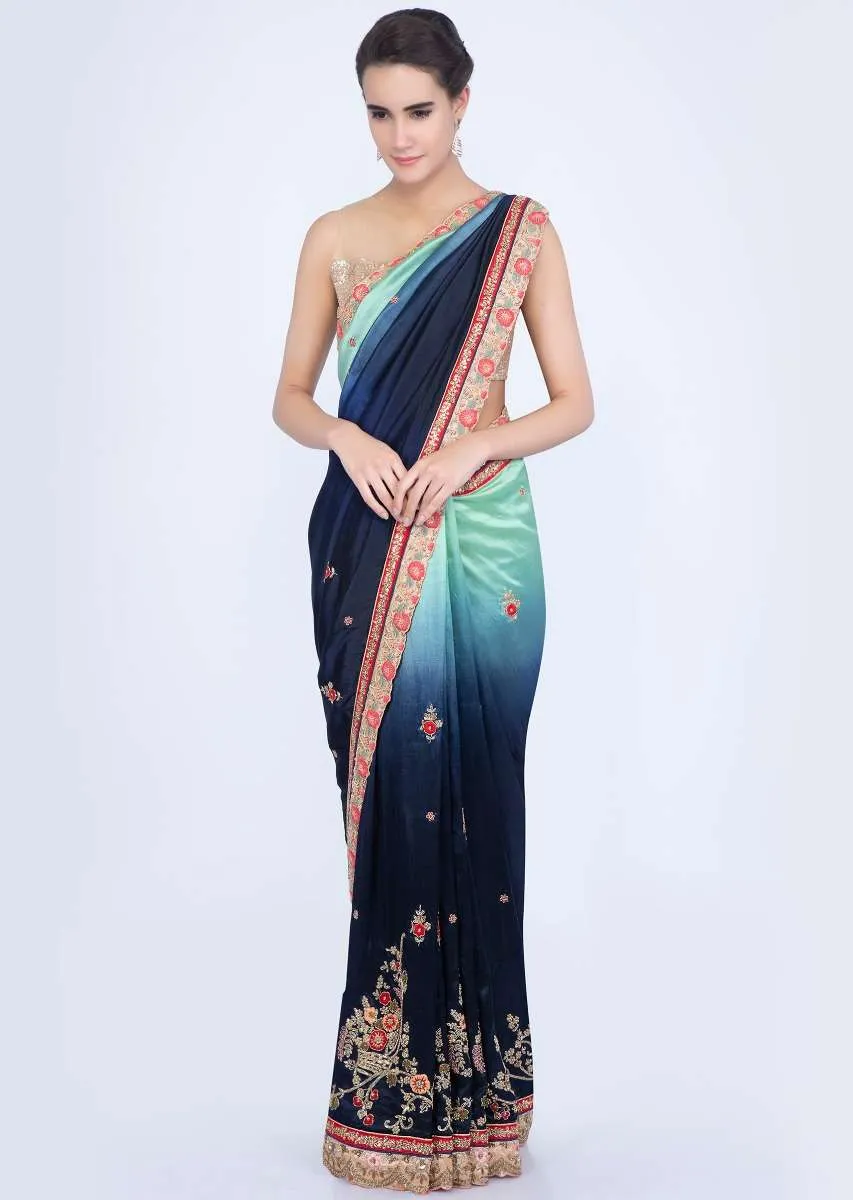 Apple green and indigo blue shaded cotton silk saree with embroidery and butti only on Kalki