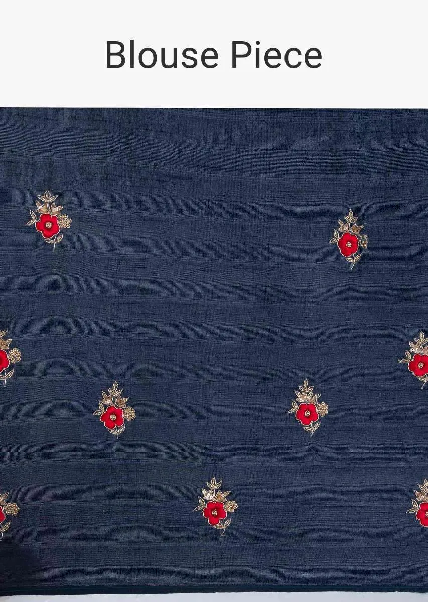 Apple green and indigo blue shaded cotton silk saree with embroidery and butti only on Kalki