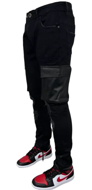 Arketype Men's Black Stretch Jeans Cargo Style Leather Pockets Skinny-Fit