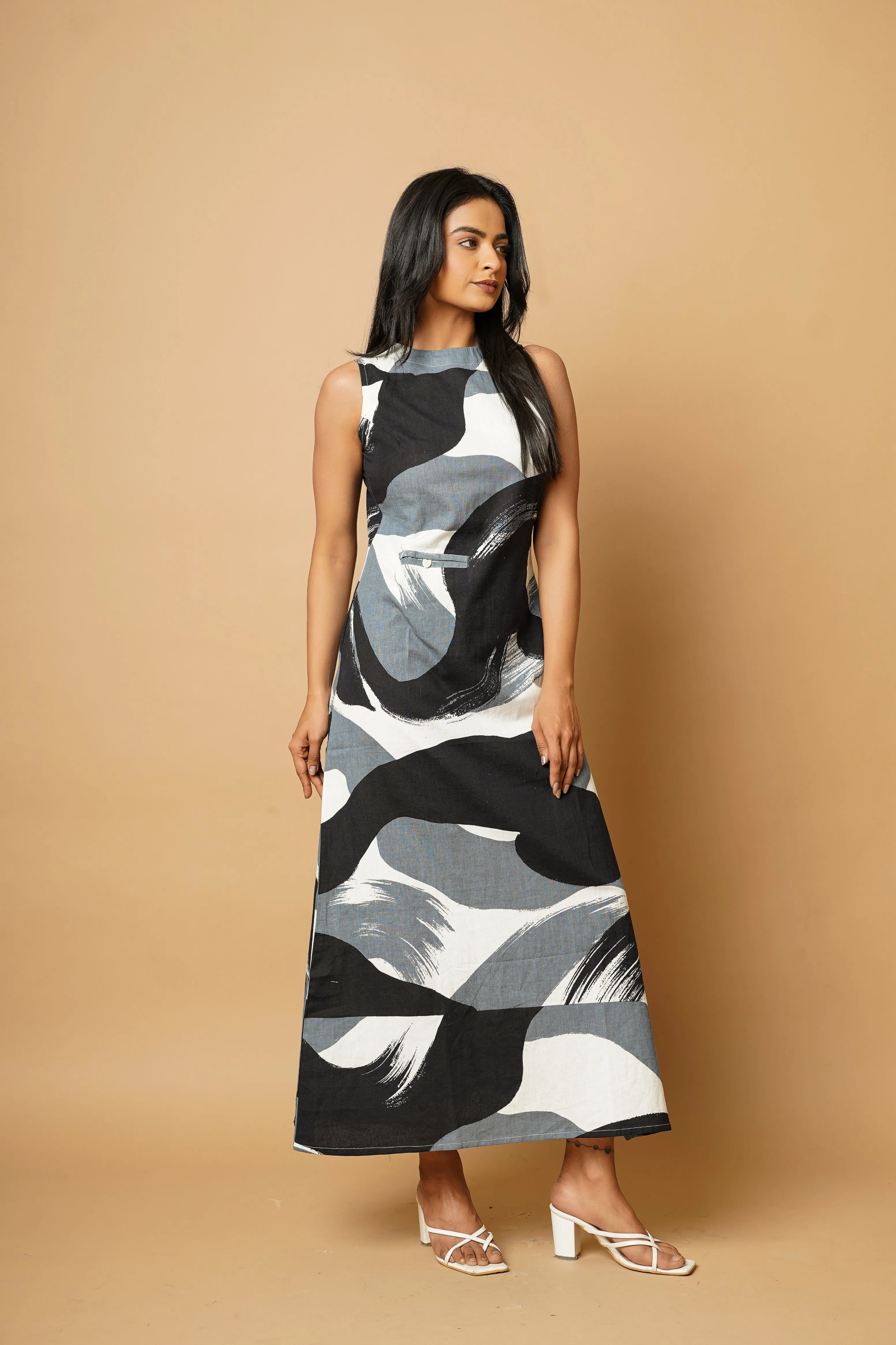 Black Indigo Cut Sleeves Long Dress