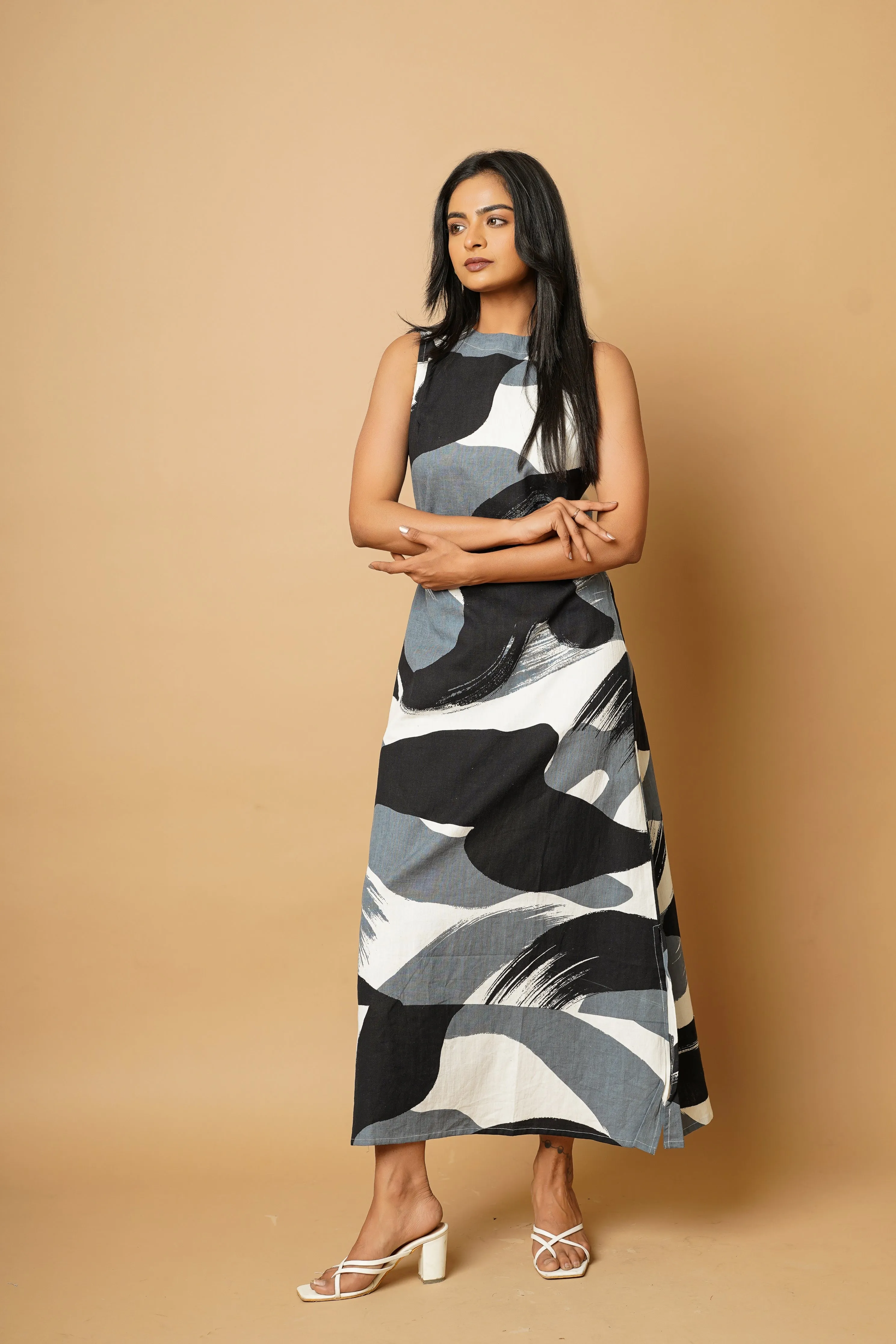 Black Indigo Cut Sleeves Long Dress