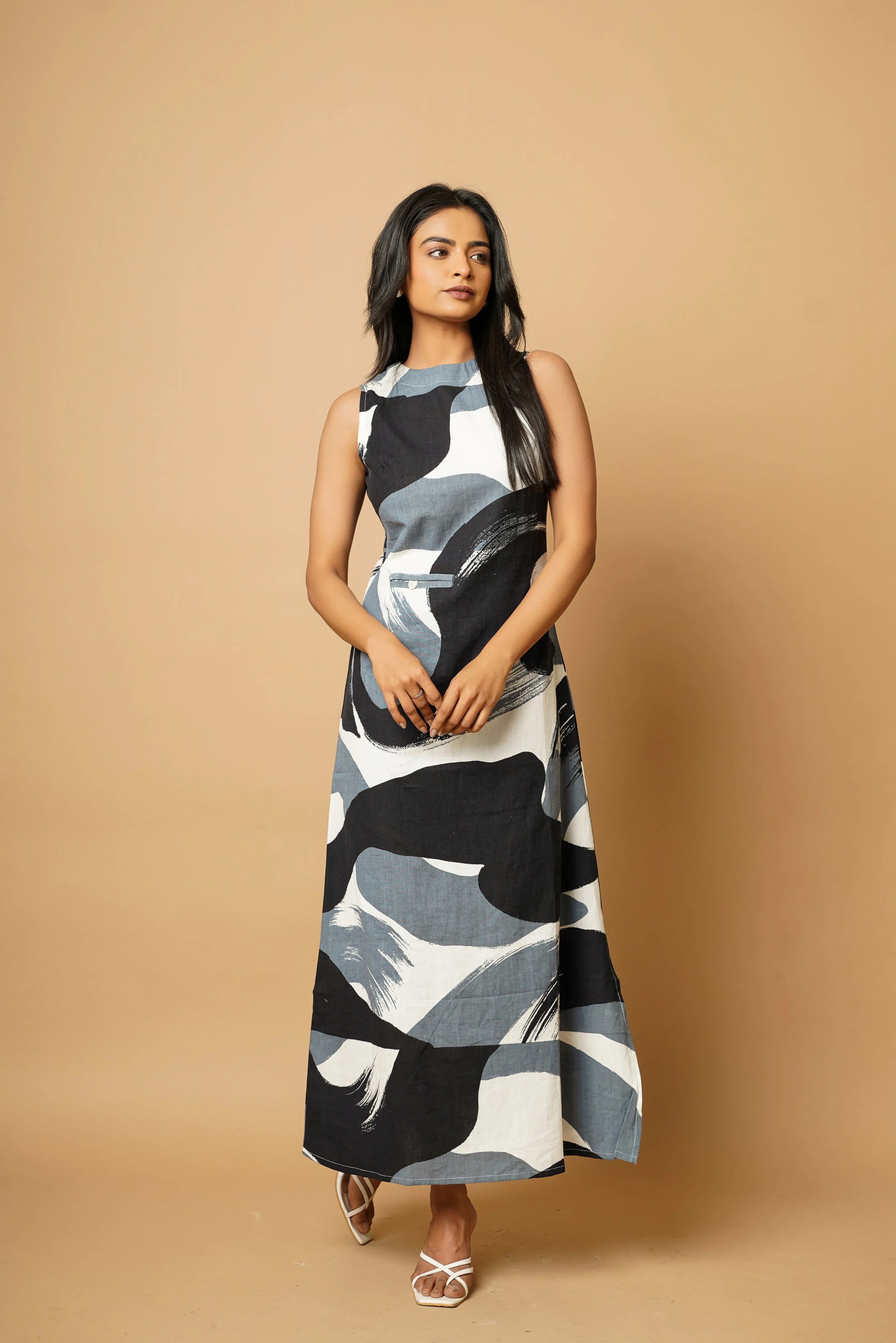 Black Indigo Cut Sleeves Long Dress