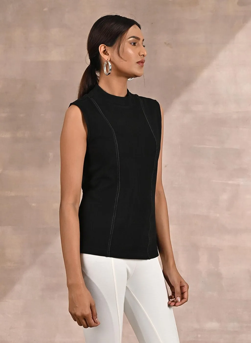 Black Sleeveless Winter Top with Fine Stich Detailing
