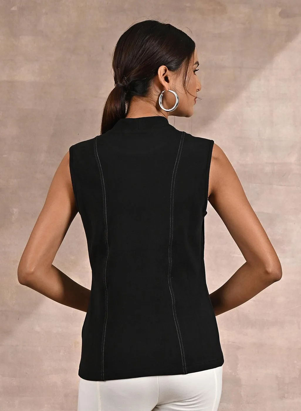 Black Sleeveless Winter Top with Fine Stich Detailing