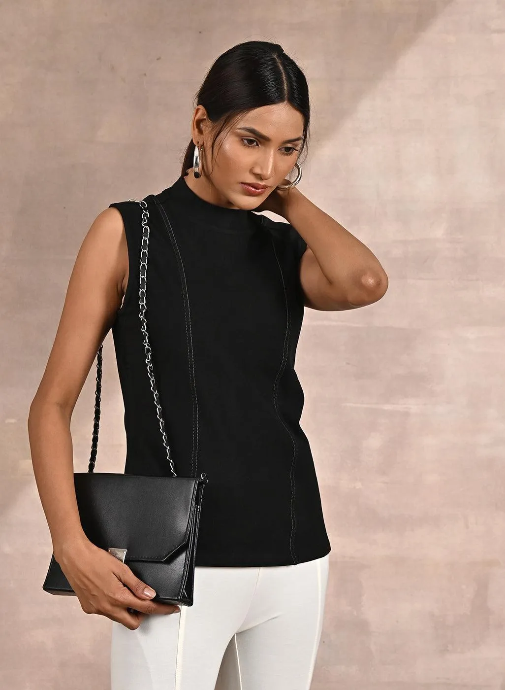 Black Sleeveless Winter Top with Fine Stich Detailing