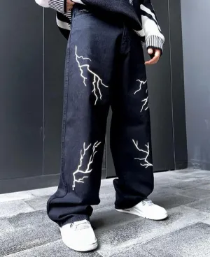 Black Straight Fit Baggy Sparkling Light Printed Jeans