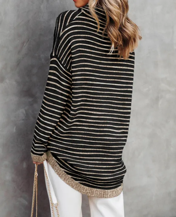 Black Striped Turtleneck Long Sleeve Sweater