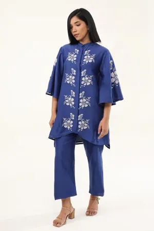 Blue Camellia Embroidered Tunic & Pant Set