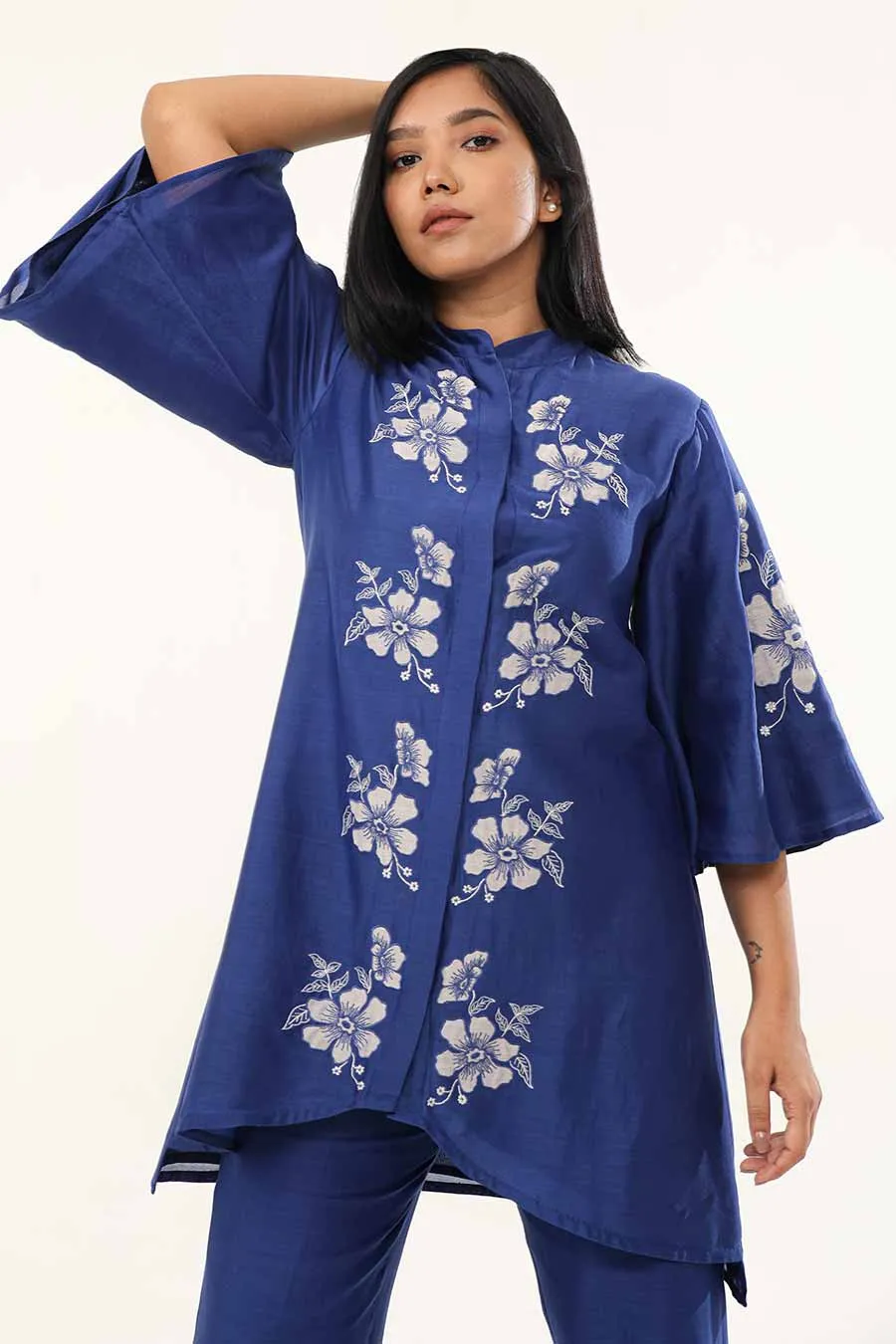 Blue Camellia Embroidered Tunic & Pant Set