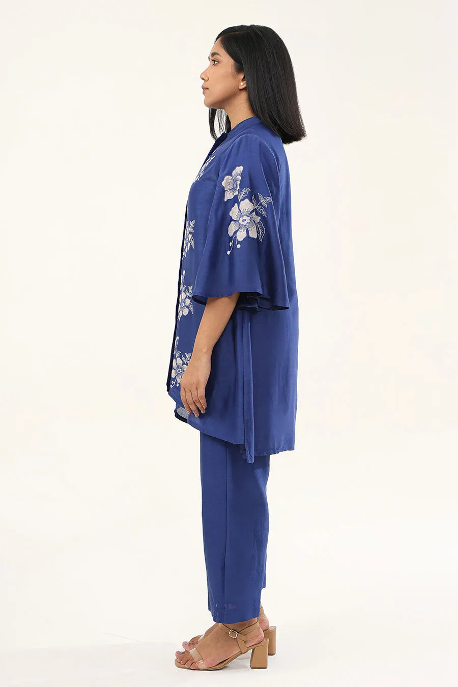 Blue Camellia Embroidered Tunic & Pant Set