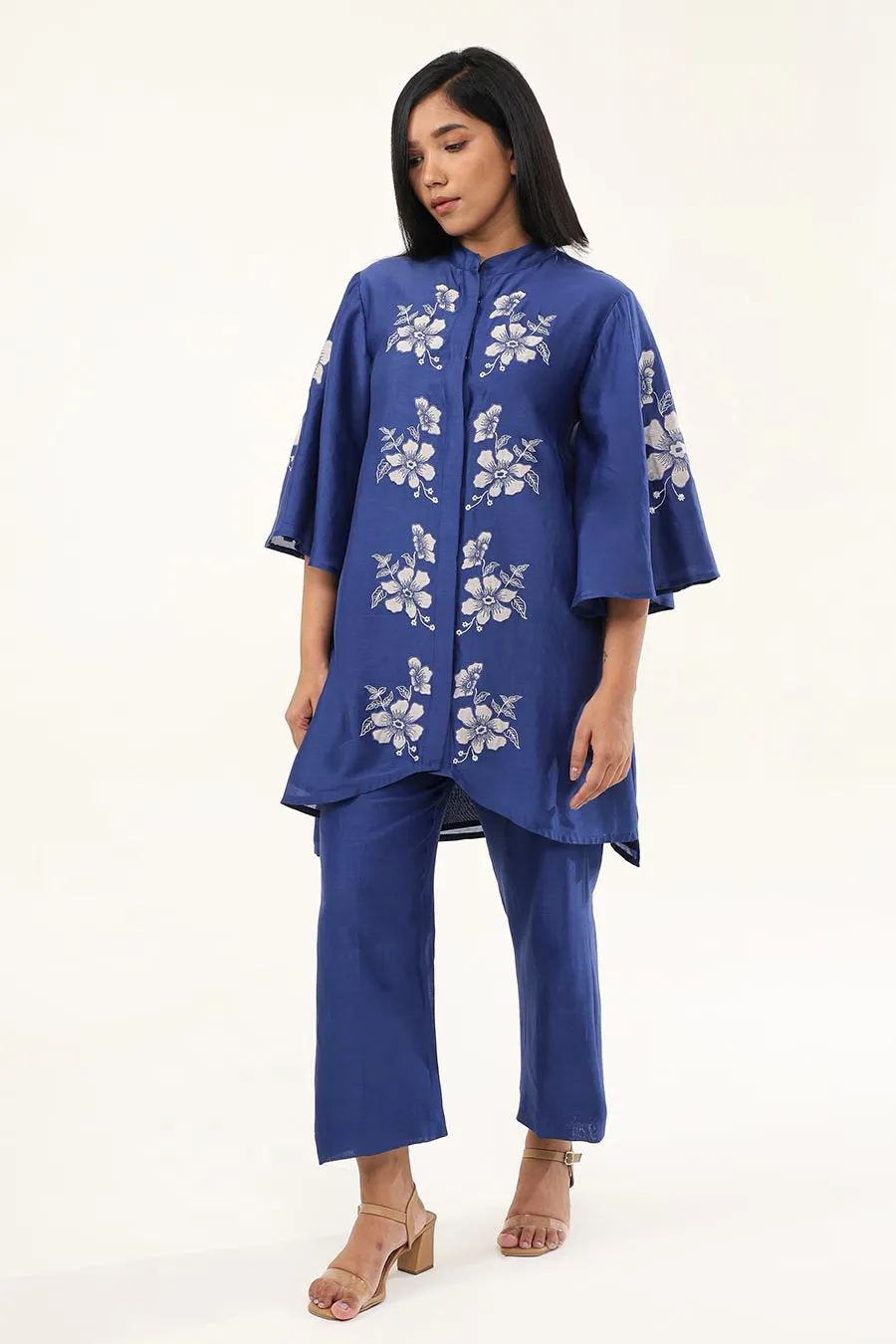 Blue Camellia Embroidered Tunic & Pant Set