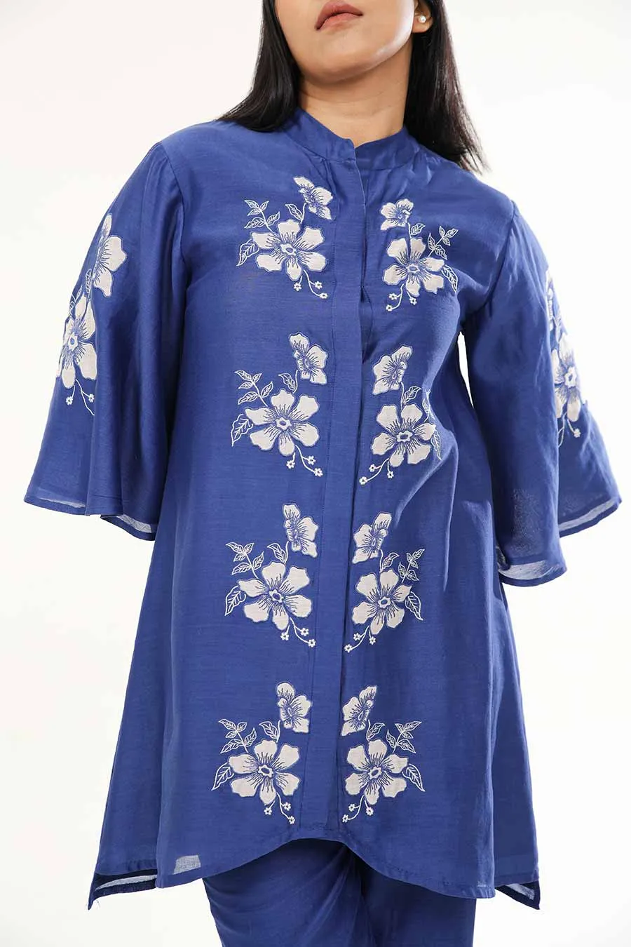 Blue Camellia Embroidered Tunic & Pant Set