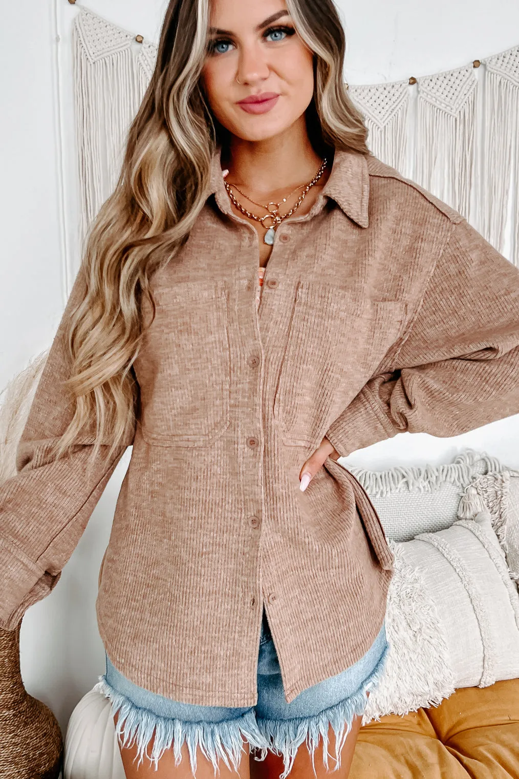 Brilliant Basic Ribbed Fleece Shacket (Mocha)