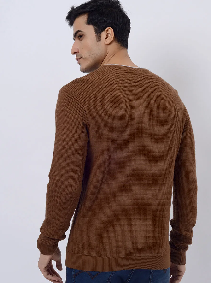 Brown Solid Regular Fit Winter T-Shirt | JadeBlue