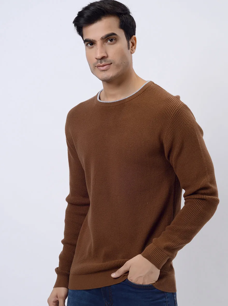 Brown Solid Regular Fit Winter T-Shirt | JadeBlue