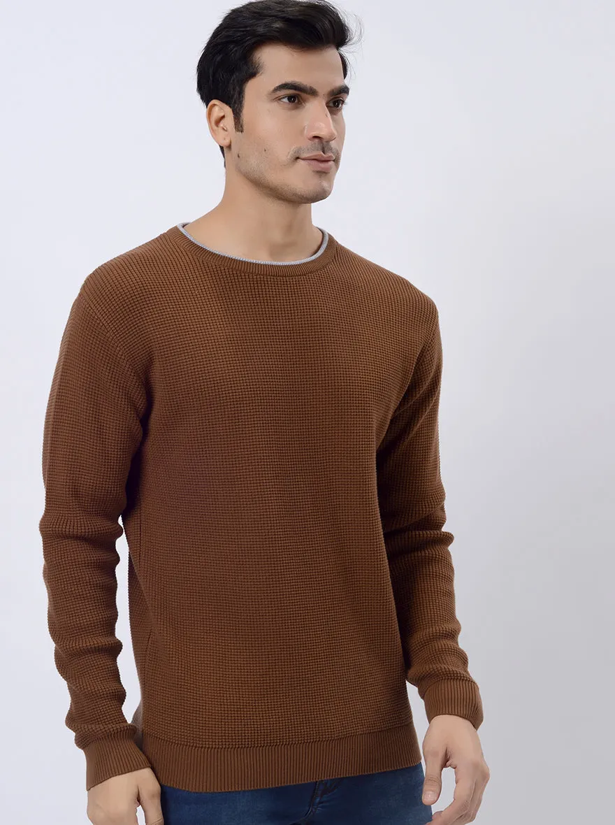Brown Solid Regular Fit Winter T-Shirt | JadeBlue