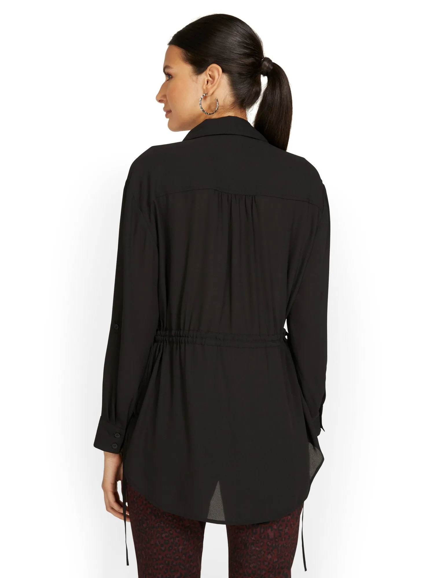 Button-Front Cinched-Waist Blouse