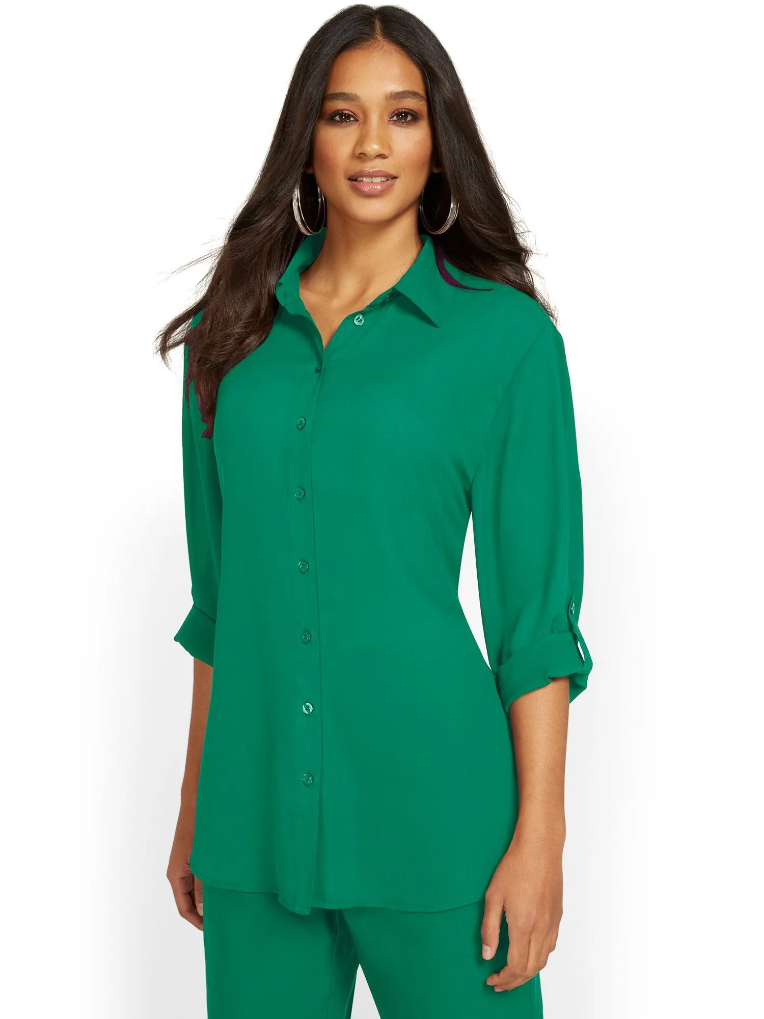 Button-Front Cinched-Waist Blouse