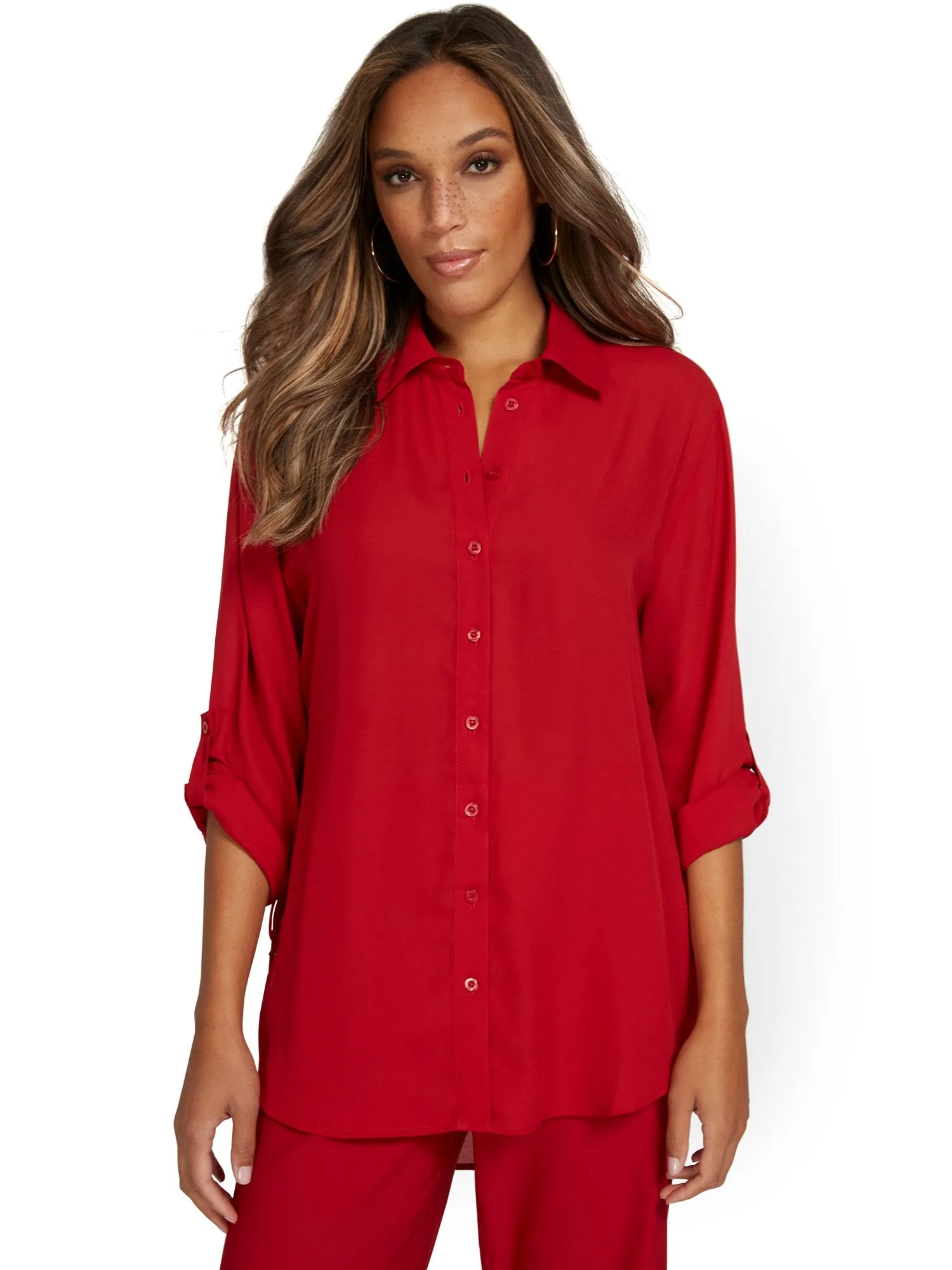 Button-Front Cinched-Waist Blouse