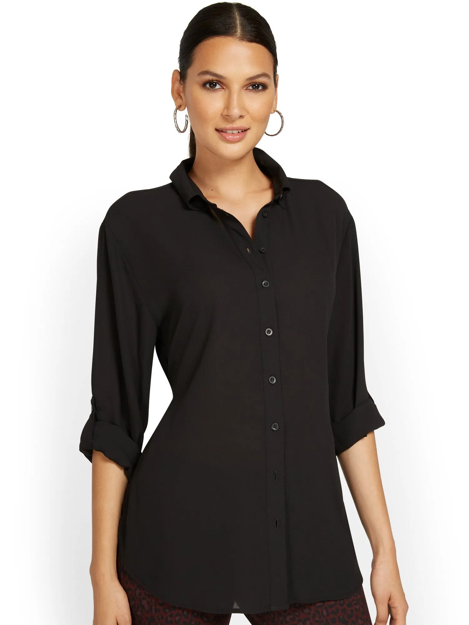 Button-Front Cinched-Waist Blouse