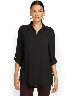 Button-Front Cinched-Waist Blouse