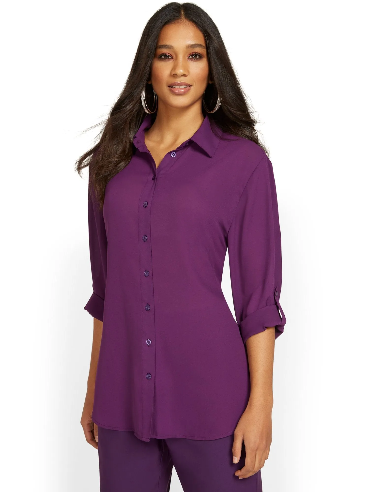 Button-Front Cinched-Waist Blouse