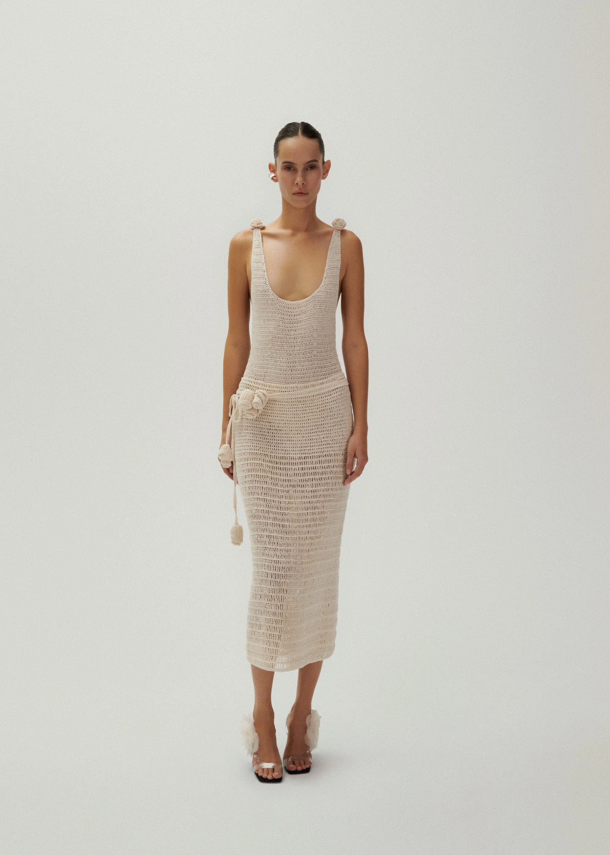 Crochet rosette bodysuit in beige