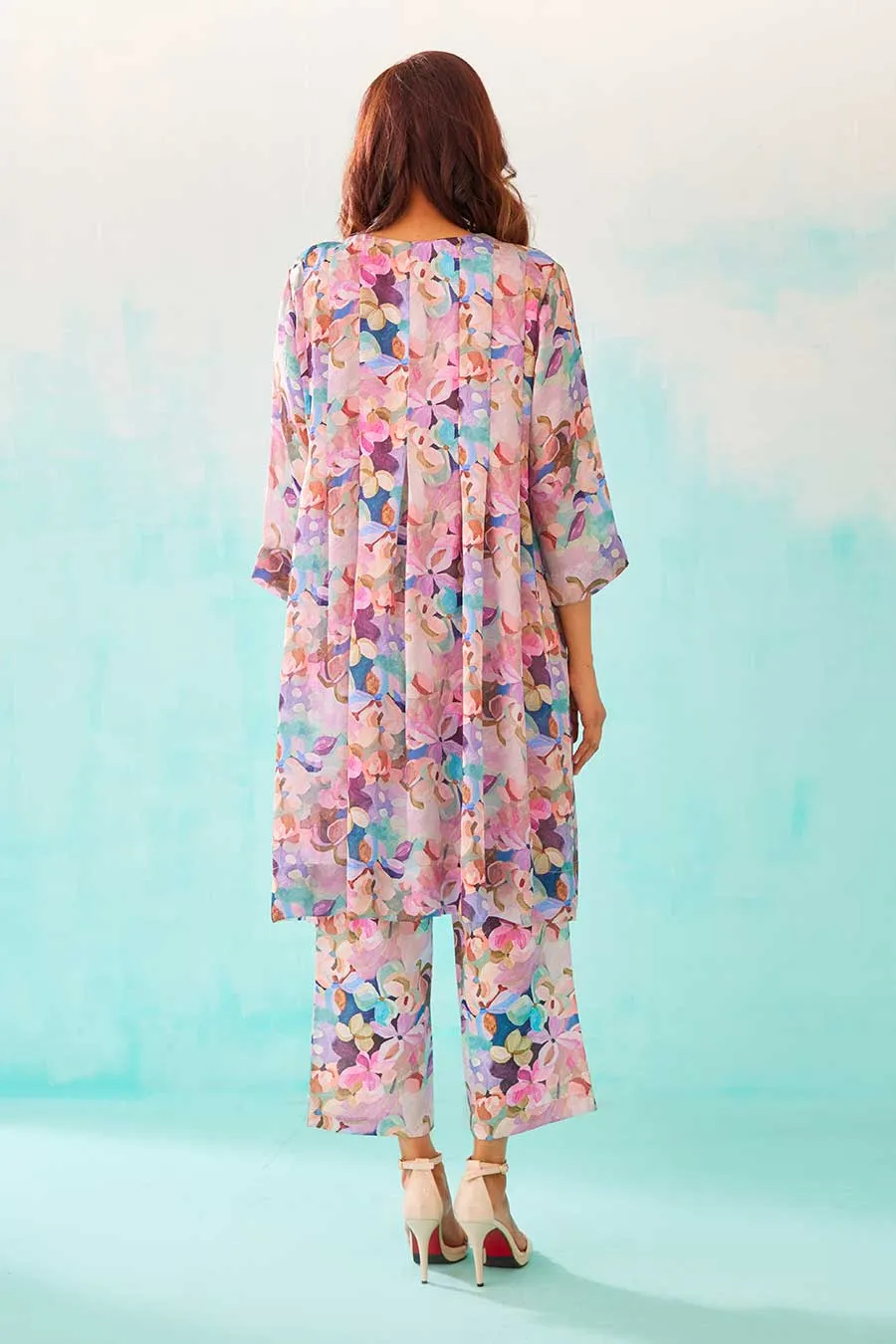 Floral Print Pleated Tunic & Pant Co-Ord Set