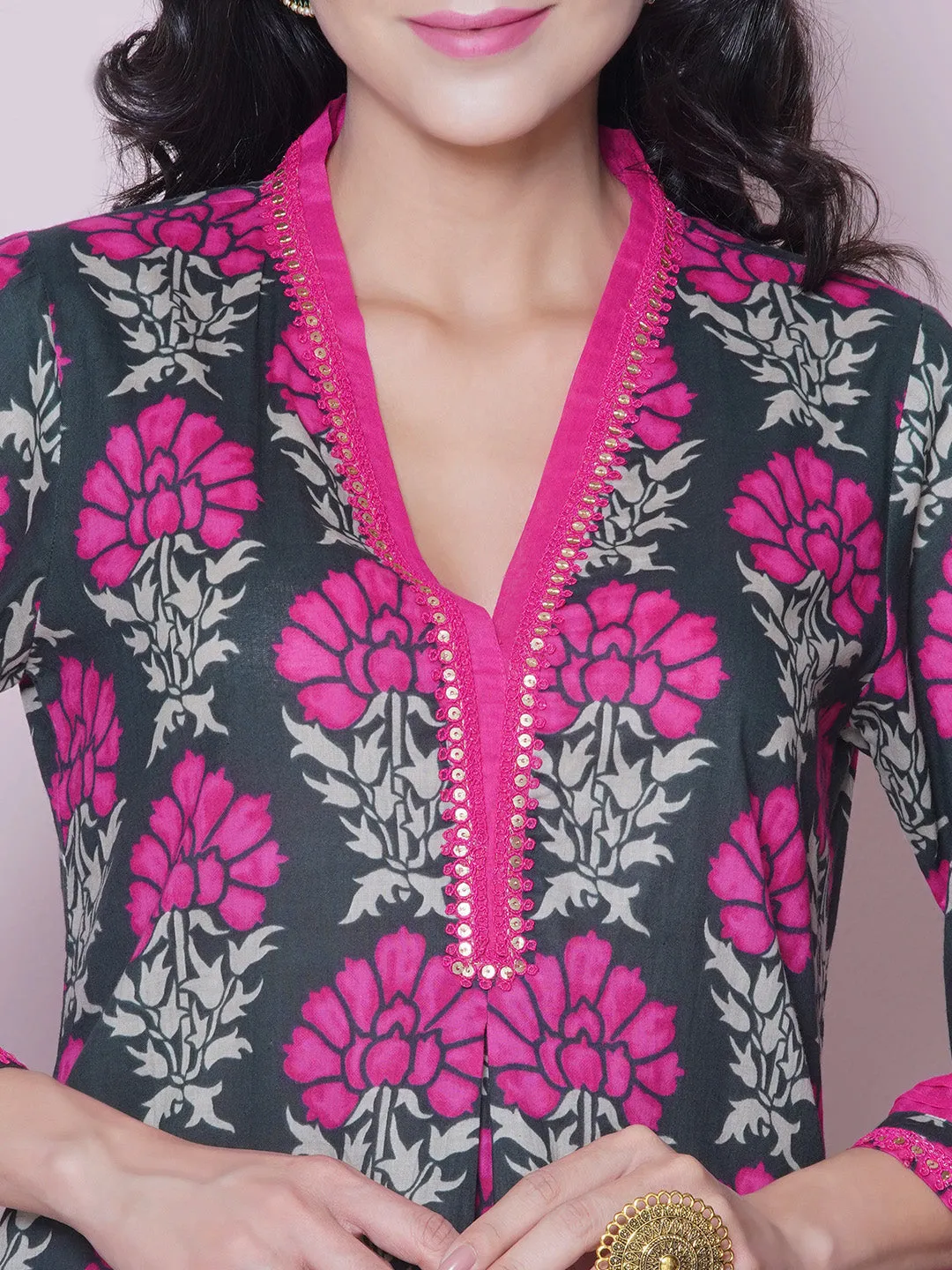 Floral Printed V-Neck Pure Cotton Tunic with Trousers