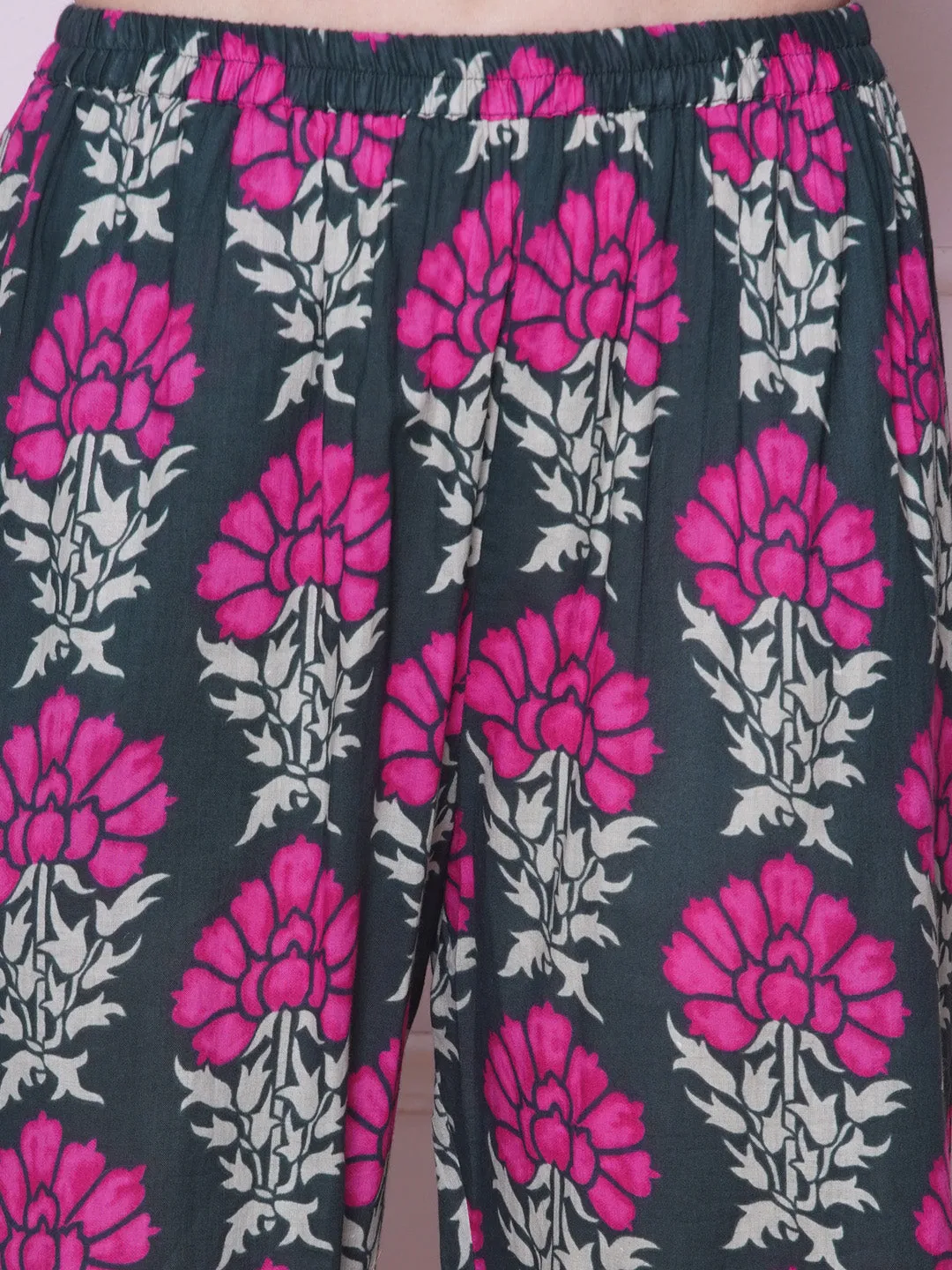 Floral Printed V-Neck Pure Cotton Tunic with Trousers