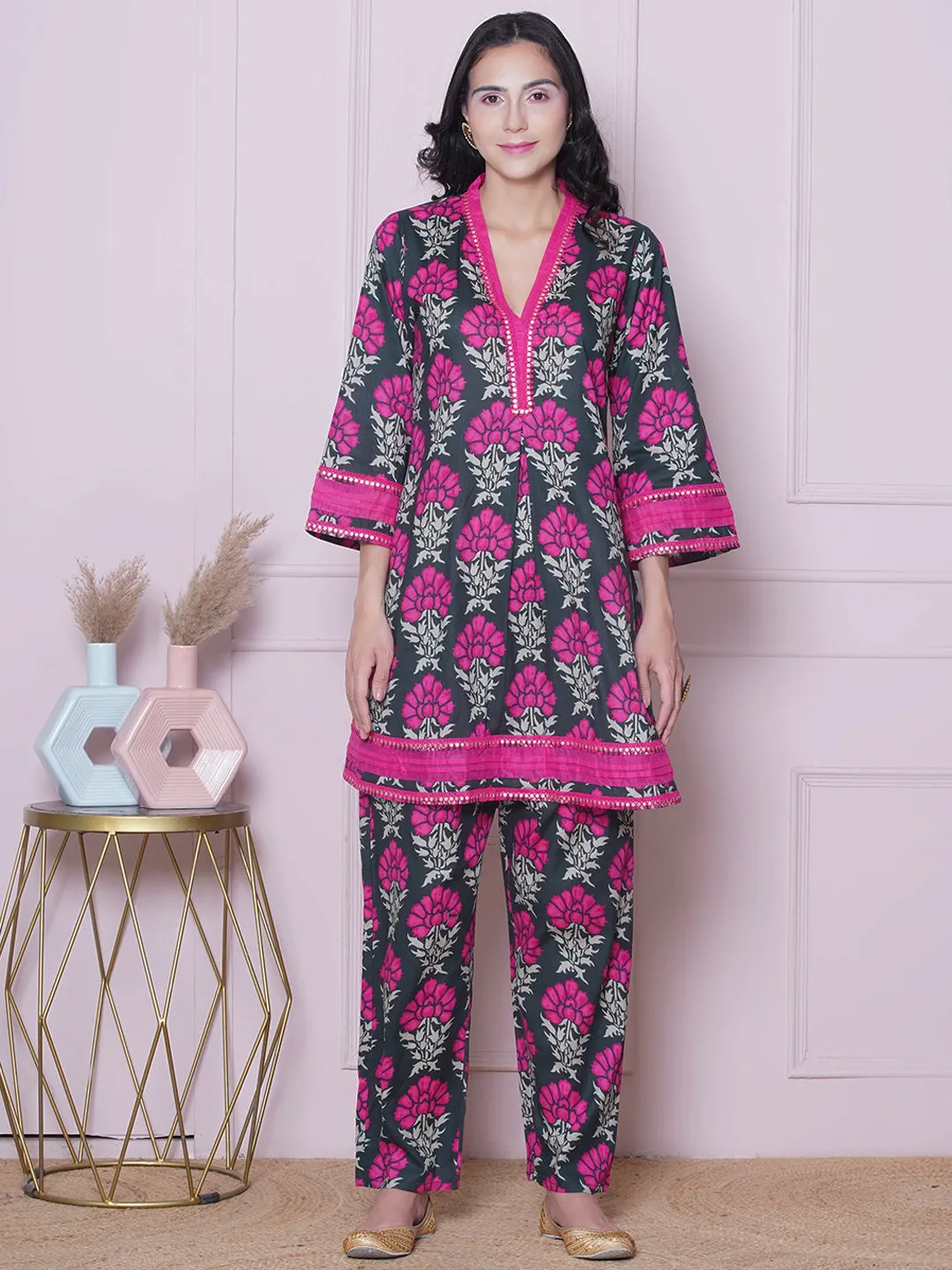 Floral Printed V-Neck Pure Cotton Tunic with Trousers