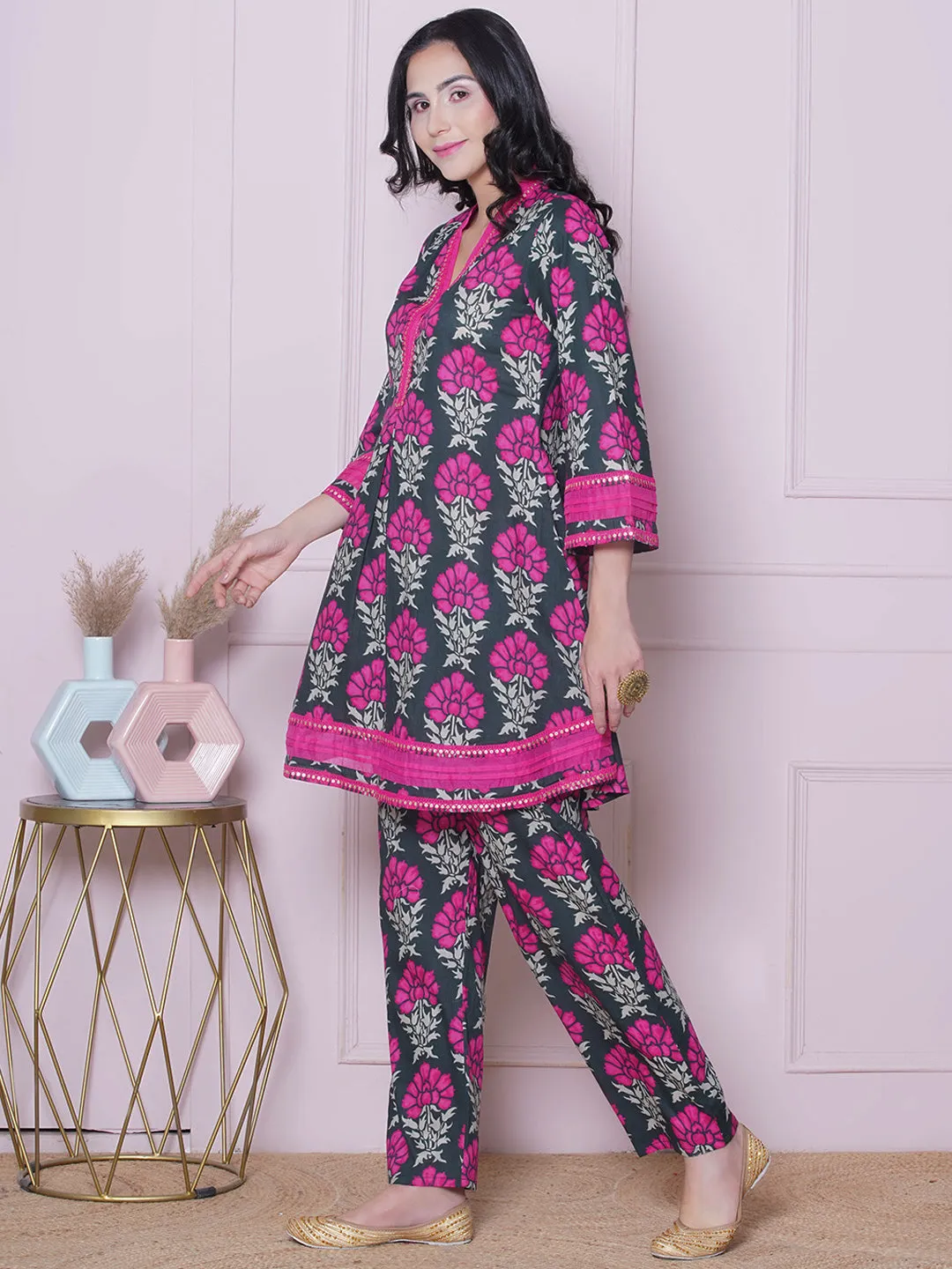 Floral Printed V-Neck Pure Cotton Tunic with Trousers