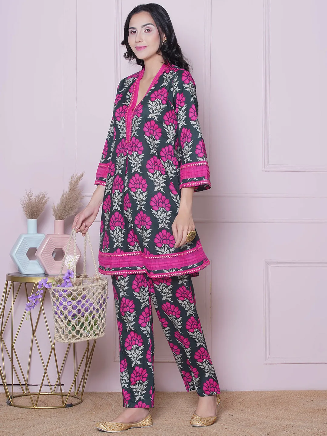 Floral Printed V-Neck Pure Cotton Tunic with Trousers