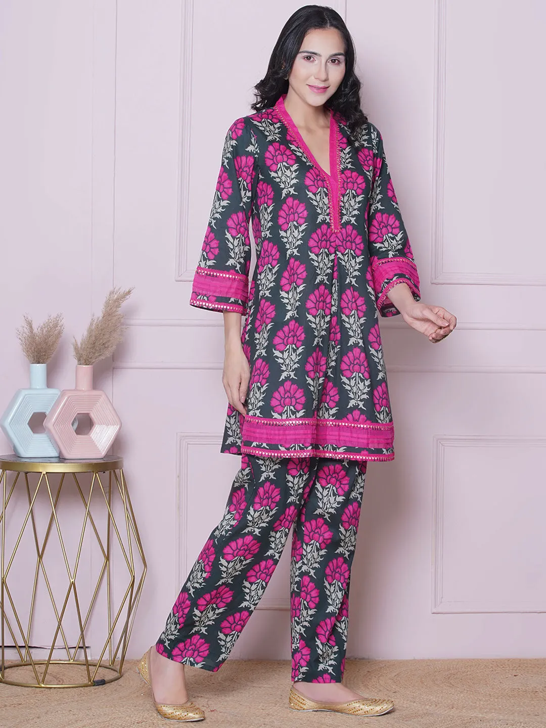 Floral Printed V-Neck Pure Cotton Tunic with Trousers