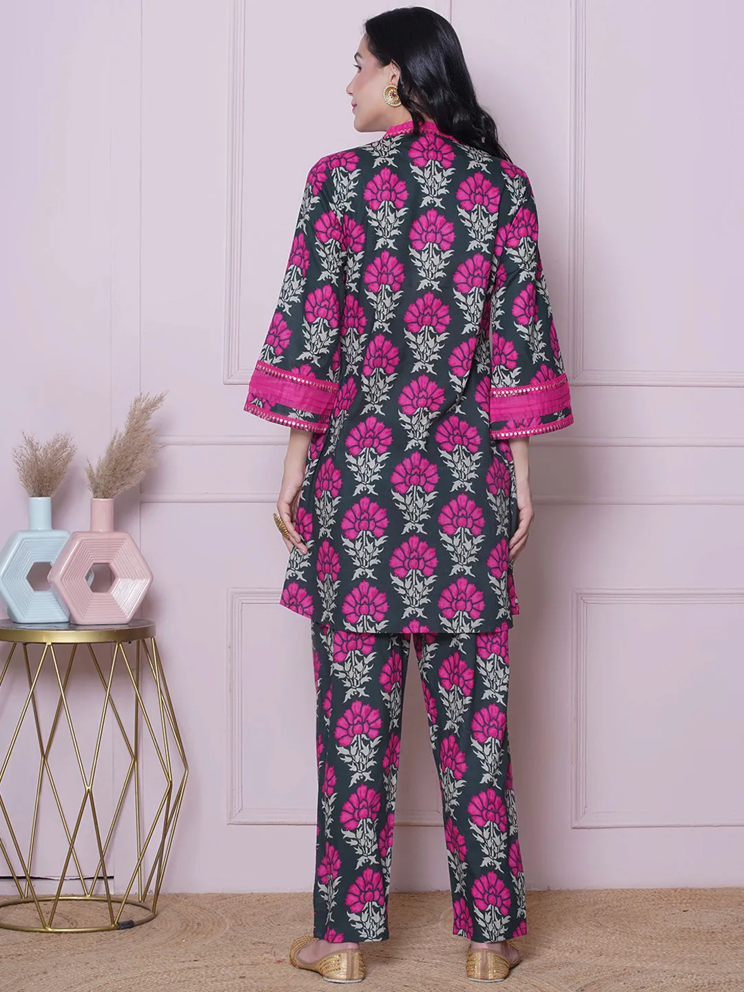 Floral Printed V-Neck Pure Cotton Tunic with Trousers