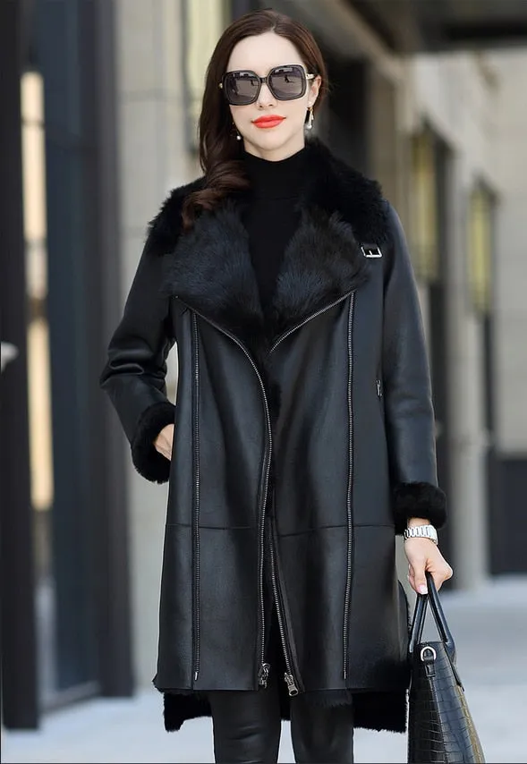 FS20103 Sheep Shearing Fur overcoat sheep leather women coat with fur collar women Winter jacket leather ladies jacket Fur Story