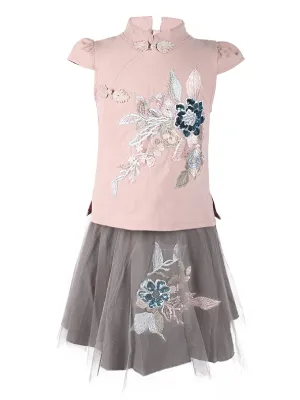 Girls Pink Gray Embroidery 2 Pieces Cotton Dress 24M-10